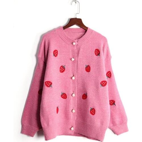 Quanss Korean Style Autumn Winter Kniited Cardigan Women 2021 Strawberry Embroidery O Neck Sweater Female Pearl Buttons Knitwear