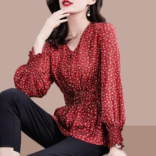 Floral Chiffon Shirt Spring Womens 2021 New Fashion V Neck Long Sleeve Blouse Blusa Plus Size 4XL