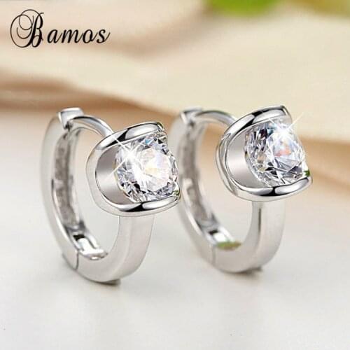 Bamos Simple White Zircon Hoop Earrings For Women Girls White Gold Color Small Wedding Earrings Fashion Birthstone Jewelry