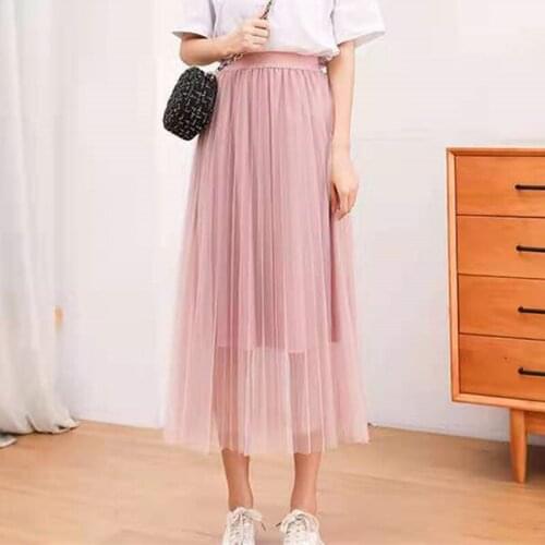 Ladies Vintage Long Summer Skirts Women Casual Elastic High Waist Elegant Sexy Pleated Mesh Tutu Skirt Women Tulle Skirt Female