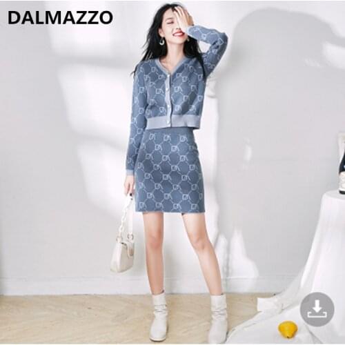 2021 New Autumn Winter Women Knitted Skirt Suits V Neck Single-Breasted Long Sleeve Cardigan Sweater Tops + Mini Skirt 2PCS Sets