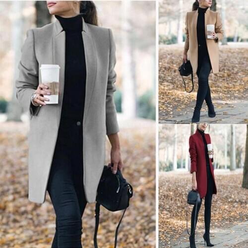 Fashion Women Woolen Coat Office Lady Autumn Solid Color Stand Collar Woolen Long Coat Plus Size Cardigan For Womens Clothings