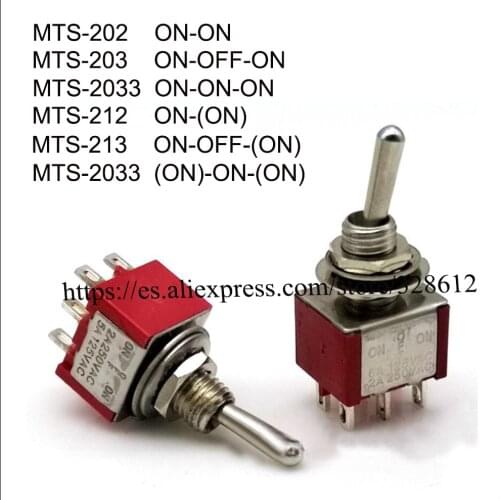 10PCS Toggle switch DPDT 6P MTS-202 ON-ON Red 6P 2 files mounting hole 6MM 6A125VAC 2A250VAC MTS-212 ON-(ON) Single reset