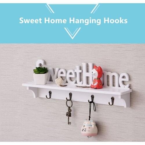 4 Hooks Shelves Hat Key Holders Storage Shelf Sweet Home Words Hanging Hooks Wall Mounted Rack Home Storage Decoration