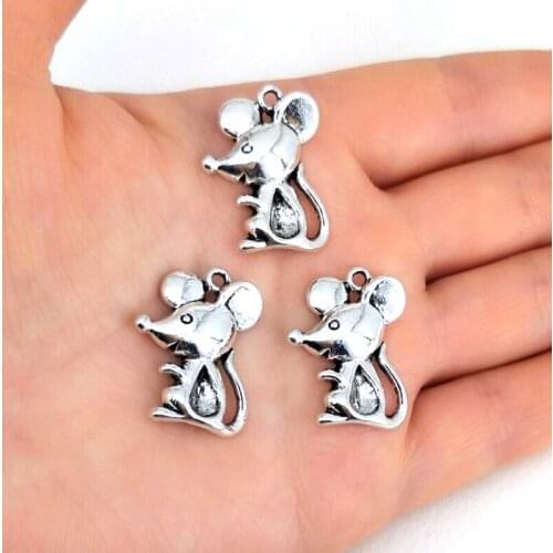 Hzew 50 pcs Exquisite cute cartoon mouse charm Ancient silver color rat pendant gift for children