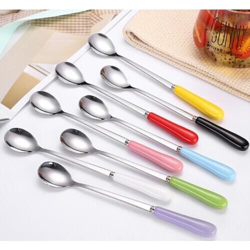 6 Pcs Creative stainless steel spoon ceramic handle ice spoon long handle mixing spoon mug candy color coffee spoon scoop gift