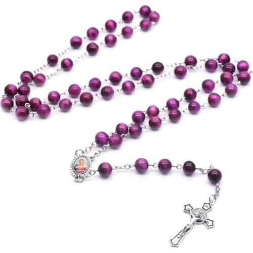 8mm Rosary Prayer Beads Tiger Eye Stone Necklace Virgin Cross Christian Catholic Religious Jewelry Charm Gift