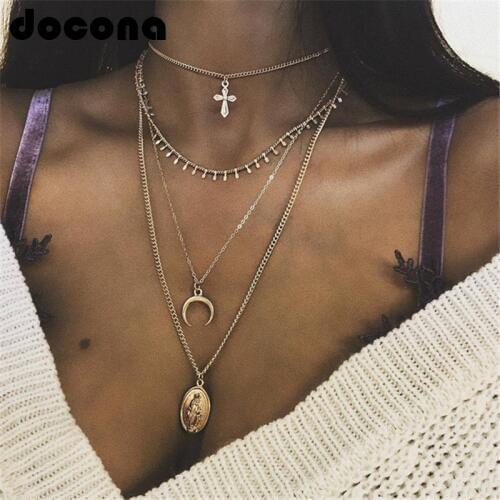 Docona Bohemian Cross Madonna Moon Pendant Necklace for Women Gold Chains Charms Crescent Multi Layered Necklaces Collar 6140