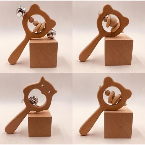 Wooden Baby Rattle Toy Baby Toy 0-12 Months Animal Bear Beech Sensory Teether Safe Montessori Stroller Crib Hand Bell Rattle Toy