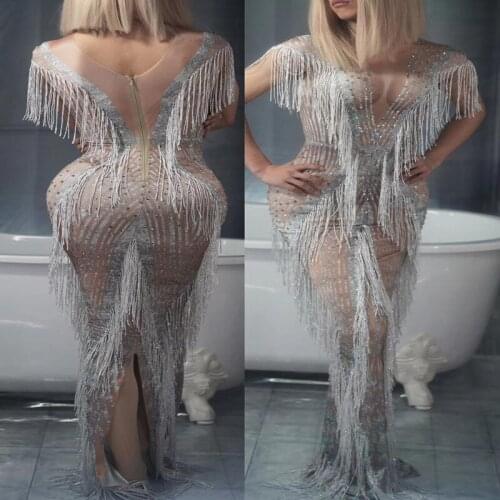Silver Rhinestones Tassels Long Dress Women Birthday Celebrate Package Hips Dress Evening Party Wear Female Singer Performance