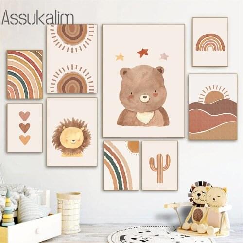 Lion Bear Poster Cactus Print Sun Rainbow Posters Nursery Wall Canvas Painting Heart Prints Boho Wall Pictures Baby Room Decor