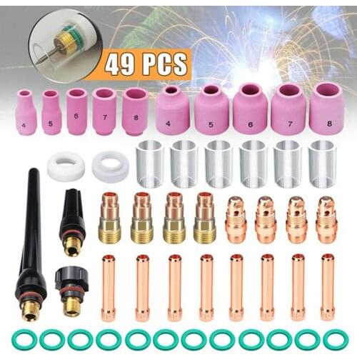 49Pcs Tig Welding Accessories Kit Stubby Gases Lens Heat-Resistant Glass Cup Alumina Nozzle Set for WP-17/18/26