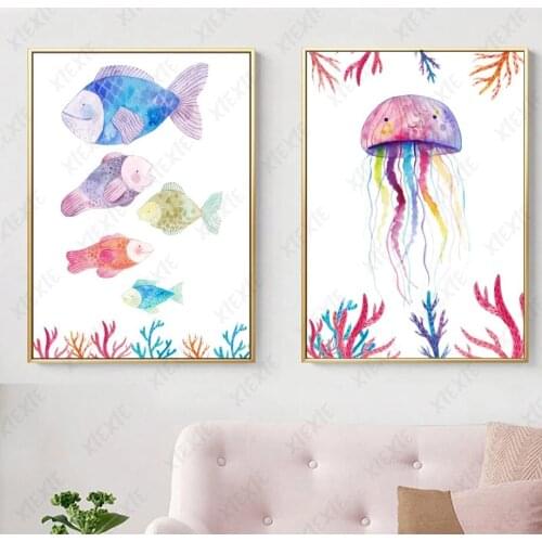 Colorful Jellyfish Poster Fish Marine Life Wallpaper Canvas Painting Nordic Art for Home Living Room Print Picture Craft Decor