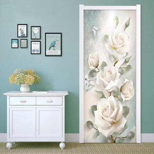 Creative 3D Door Sticker Romance White Rose Self Adhesive Wallpaper On the Doors DIY Renovation Waterproof Poster For Bedroom
