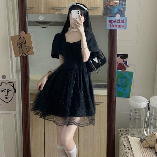 Sannian Lolita Dress Summer Sweet Princess Wind Design Bow High Waist Bubble Sleeve Short Sleeve Mesh Tied Dress Women Clothes