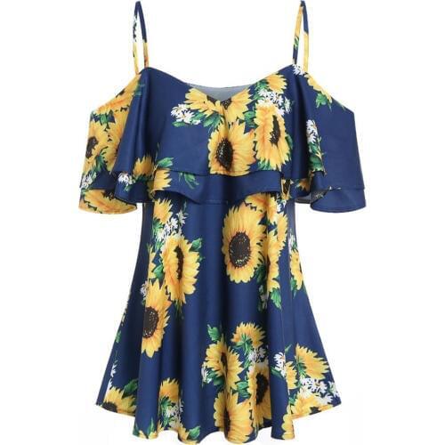 Fashion Womens Ruffled Dresses Large Size Sunflower Print Strap Dress New Bohemia Ladies Beach Dress Party Mini Strap Dress