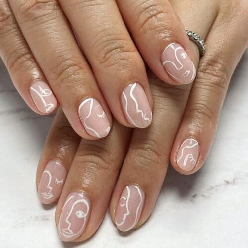24pcs fake short nails with glue Human Face Printed Nail Patch Round Head Flesh Pink Removable Short Paragraph Manicure