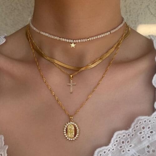 Boho White Glass Beads String Choker Necklace For Women Multilayer Cross Portrait Metal Snake Clavicle Chain Beach Party Jewelry