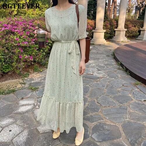 BGTEEVER Casual O-neck Print Women Dress Elegant Short Sleeve Lace-up Female A-line Dress 2021 Summer Ladies Chiffon Vestidos