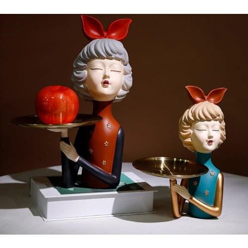 Cute Bow Girl Sculpture Ornament Resin Desktop Storage Statue Creative Christmas Gift for Girlfriend Home Decoration Accessories