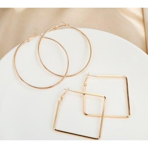 Gold Color Geometric Hoop Earrings for Women Round Circle Square Retro Earring Vintage Jewelry for Lady Gift Party LX147