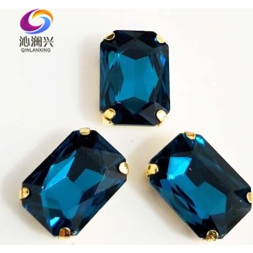 Peacock blue Rectangle shape Glass Crystal sew on stones,golden bottom claw rhinstone,Diy/Clothing accessories SWCG13