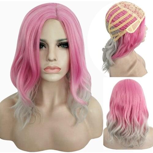 High Quality Medium Long Wavy Pink Silver Grey Ombre Cosplay Wig Synthetic Hair Halloween Costume Party Wigs For Women + Wig Cap