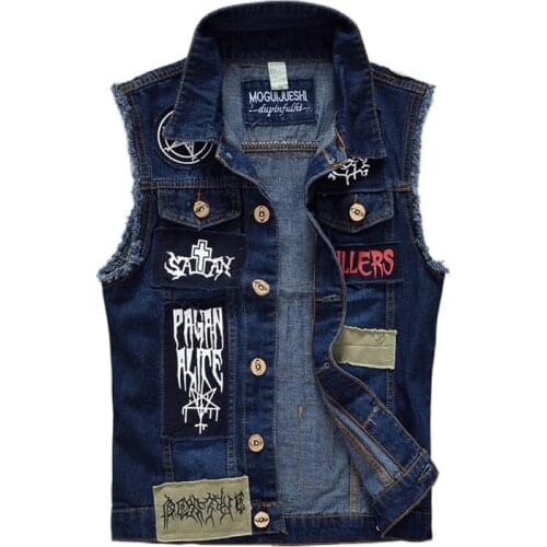 Yelek erkek 2020 Mens Patches Design Jeans Vest Ripped Denim Waistcoat Men Denim Vest Man Sleeveless Jeans Vest Frayed size 5XL