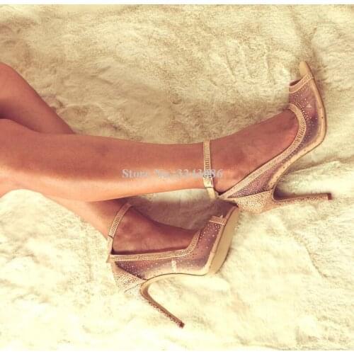 Lady New Mesh Crystal Sandals Shoes Sexy Peep Toe Ankle Strap Stiletto Heel Women Dress Sandals Fashion Real Photos Party Heels