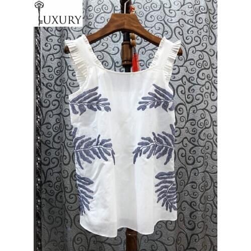 2020 Strap High Quality Summer Casual Vest Top Women Color Block Leaves Embroidery White Blue Yellow Cotton Linen Tops XL
