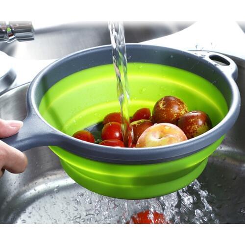 1PC Folding Silicone Drain Basket Plastic Colander Washing Strainer Drainer With Handle Fruit Vegetable Washing Kitchen Tools
