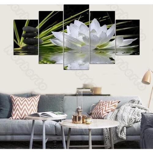 5Pcs Hd Printed Frameless Canvas Painting Poster White Lotus and Green Watergrass In The River Stones for Home Rooms Wall Decora