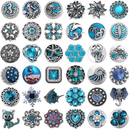 6pcs/lot 18mm Snap Jewelry Button Blue Rhinestone Fish Heart Cat Flower 18mm Metal Snap Buttons Fit Snap Button Bracelet