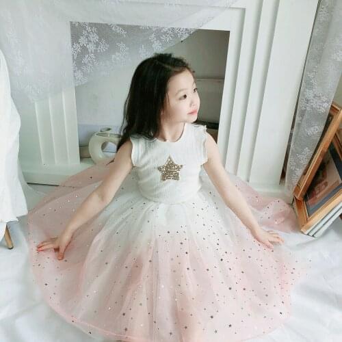 Children Tutu Star Gauze Dress Baby Princess DressPrincess Sleeveless Glittering Star Dress Party Birthday Wedding Cartoon Dress