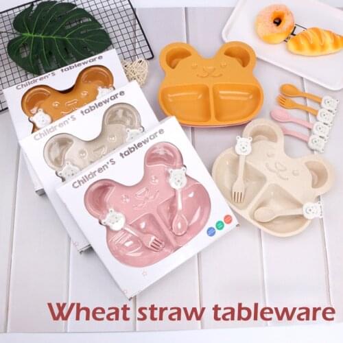 Childrens Tableware Wheat Straw Dinner Set Cute Little Bear Plate Spoon Fork Set Baby Feeding Tableware For Kids Gift Box