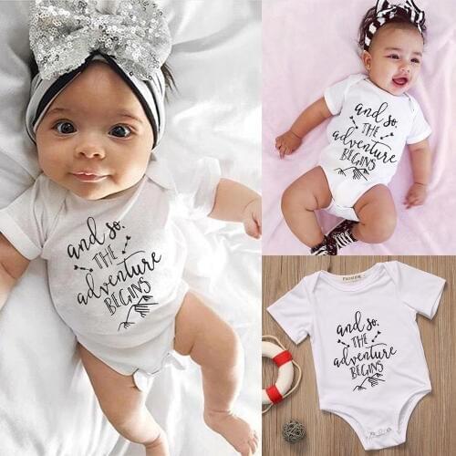DERMSPE 2019 New Casual Newborn Baby Boys Girl Short Sleeve Letter Print Cotton Romper Outfit Baby Clothes Hot Sales White
