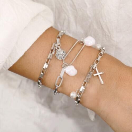 European and American New Bracelet Creative Retro Simple Cross Metal Scallop Pearl Bracelet Set 3-Piece Set