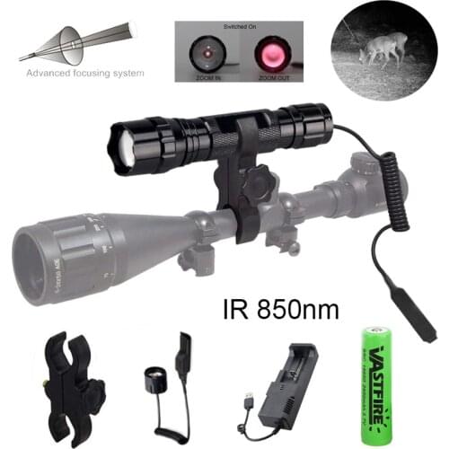 850NM Torch 5W Zoomable LED IR Infrared Vision Hunting Night Flashlight Tactical Flash light+Gun Mount+Switch+Charger+18650
