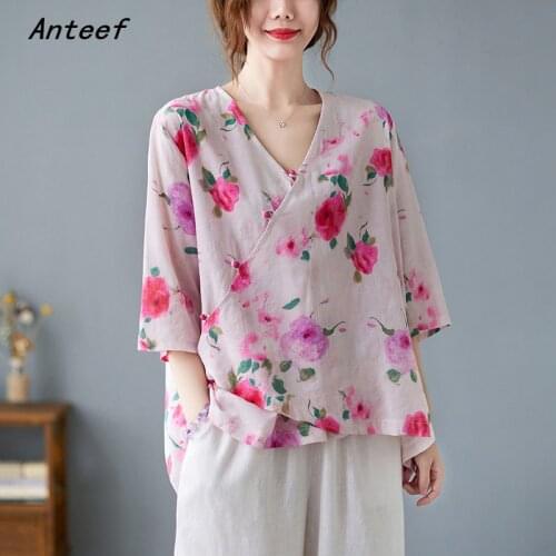 Cotton linen vintage floral casual loose summer tee t shirt women t-shirt ladies tshirt 2021 tops streetwear clothing