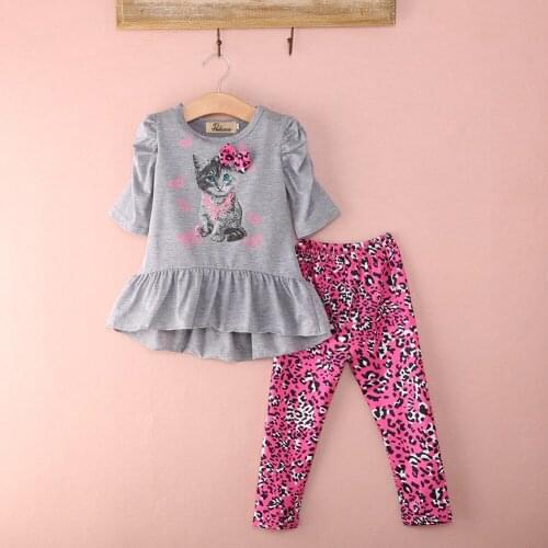 Hot Selling Outfit Set Clothes Spring Autumn Cat Printed Toddler Baby Girl Kids Half Sleeve Floral Dress Tops + Pants 2Pcs