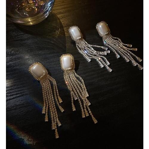 Minar Exaggerated Bling Bling Rhinestone Long Tassel Earrings for Women Gold Color Chains Simulated Pearl Drop Earrings Gifts