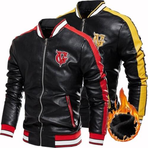 Mens Baseball Leather Jacket Fall/Winter Fleece Biker Coat Casual Men’s Wear Faux Leather Slim Black Bomber Jacket Jaquetas
