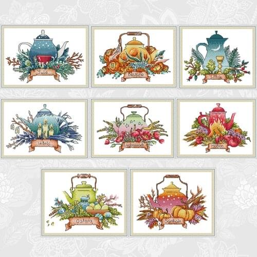 Teapot Series DIY Handwork Cross Stitch Kits Printed Canvas 11CT 14CT DMC Cross-Stitch Beginner Embroidery Threads Needlework