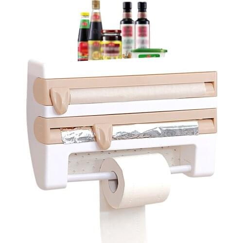 Wall-Mount Storage Rack Mutifunction Kitchen Organizer Plastic Film Cutter Paper Towel Holder Sauce Bottle Organizer Shelf