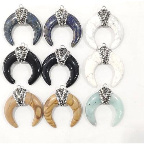 Natural Stone Lapis Lazuli Horn-shaped Pendant Exquisite Diamond Pendant Charm Handmade DIY Necklace Sweater Chain Accessories