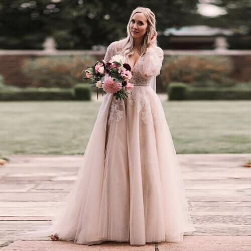 Charming Tulle V-neck Neckline A-line Wedding Dress Open Back Champagne Long Sleeves Bridal Dress Plus Size