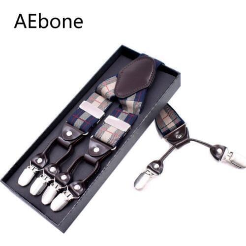 AEbone 48.75 Inch Suspensorio Adulto Leather Suspenders For Men 6 Clip Lattice Mens Braces For Trousers Sus06