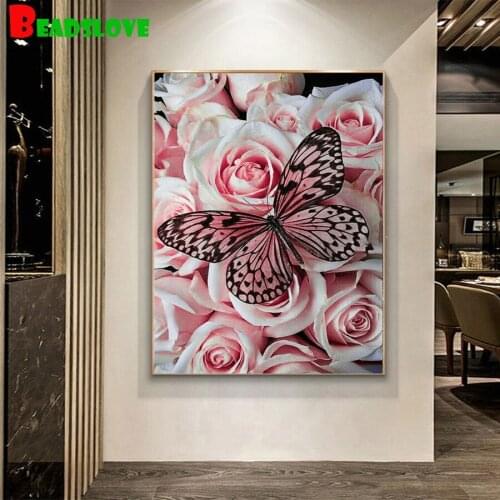 Full round square diamond embroidery mosaic Pink rose flower butterfly Diy 5d diamond painting stitch cross rhinestone decor