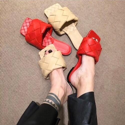 Square Toe Slippers Women Sandal Open Toe Flat Red Slides Summer Outdoor Beach Female Flip Flops