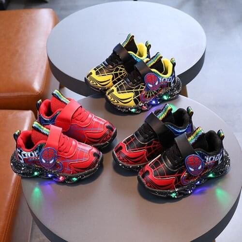 Light up sports sneakers with led PU leather for baby and child, casual shoes, Spider Man brand style, for girl and boy